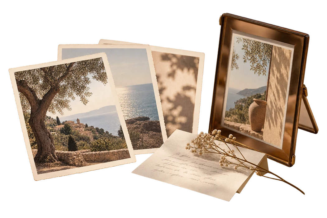 Old photographs of Mediterranean landscapes, a gold frame and a handwritten letter beside dried flowers.